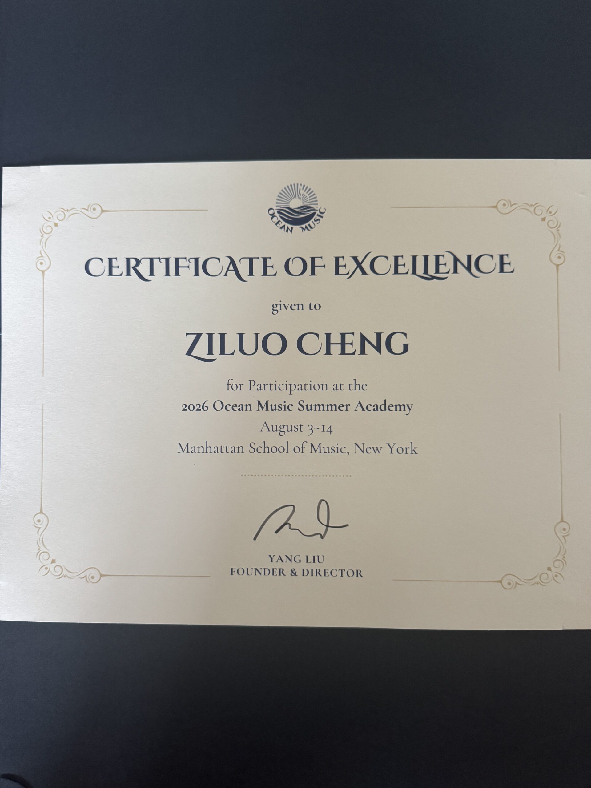 Certificate of Excellence, 2026 Ocean Music Summer Academy, Manhattan School of Music, New York